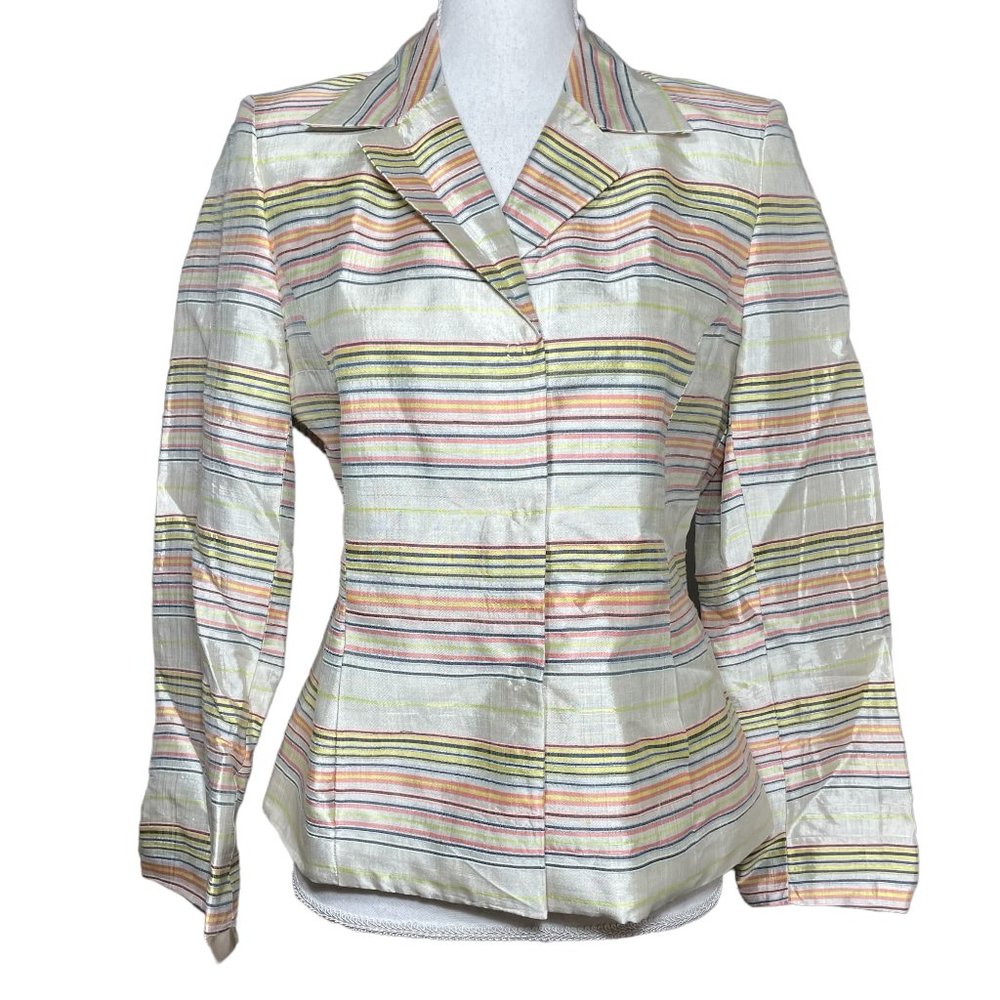 Silk Blend Blazer 6 Striped Kasper Raw Jacket Lightweight Cream Orange Green